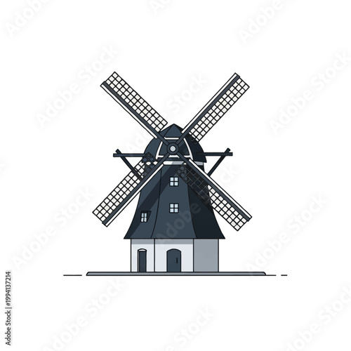 Traditional European windmill vector illustration featuring a smock mill design with four lattice sails, dark grey conical cap, small windows, and doorway on a white background.