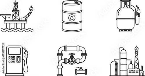 Oil and gas industry icons with drilling rig barrel and refinery during exploration and production Isolated on white background