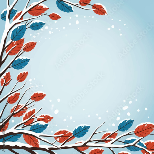 Winter landscape vector illustration featuring tree branches covered in white snow with red and blue autumn leaves remaining, set against a pale blue sky with falling snowflakes.