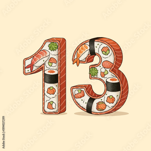 Isometric 3D number 13 illustration filled with various sushi elements including salmon maki rolls, shrimp nigiri, wasabi, and ginger, featuring salmon skin texture on the edges.