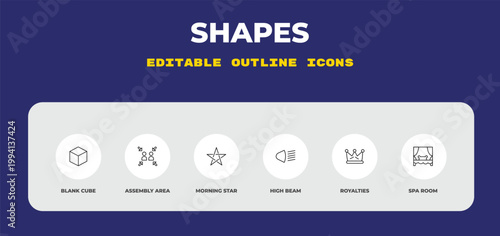 outline shapes icons set - blank cube, assembly area, morning star. editable vector for web and mobile ui