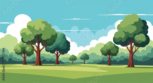 Vector illustration of a summer park landscape featuring green deciduous trees, a large grassy field under a bright blue sky with white clouds, and a distant forest silhouette.