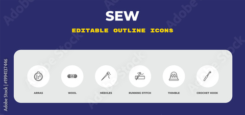 outline sew icons set - arras, wool, needles. editable vector for web and mobile ui