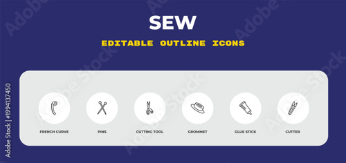 outline sew icons set - french curve, pins, cutting tool. editable vector for web and mobile ui