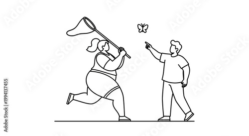 Joyful Pursuit - Capturing a Butterfly with a Net in Playful Scene.