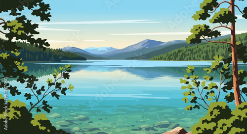 Vector illustration of a scenic mountain lake with crystal clear turquoise water, surrounded by a lush pine forest and distant mountain peaks under a clear blue sky in daytime.