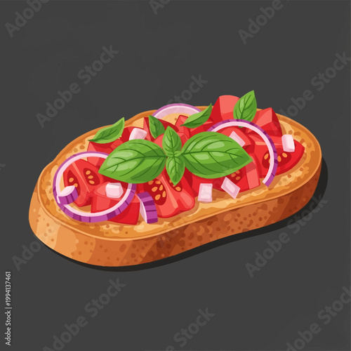 Vector illustration of a toasted bread slice topped with diced red tomatoes, purple onion rings, and fresh green basil leaves, isolated on a dark gray background for food designs.