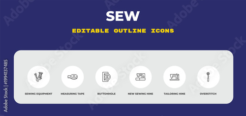 outline sew icons set - sewing equipment, measuring tape, buttonhole. editable vector for web and mobile ui