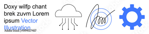 Cloud technology, digital authentication, automation processes, data security, internet connectivity, industrial tools. Icons of cloud with circuits, digital signature blue gear. Cloud technology