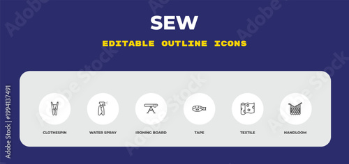 outline sew icons set - clothespin, water spray, ironing board. editable vector for web and mobile ui