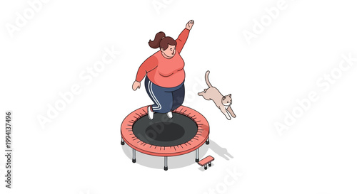 Joyful Woman Bouncing High on a Trampoline with a Cat.