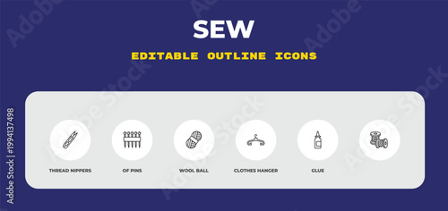 outline sew icons set - thread nippers, of pins, wool ball. editable vector for web and mobile ui