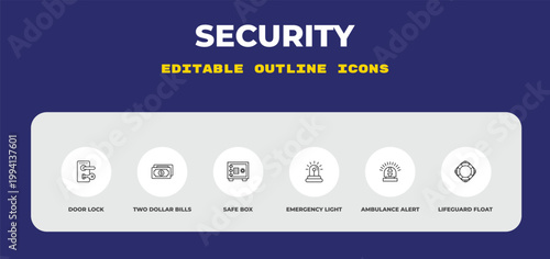 outline security icons set - door lock, two dollar bills, safe box. editable vector for web and mobile ui