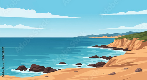Vector illustration of a coastal landscape featuring a calm blue sea, rugged cliffs with green grass, rocky shoreline with crashing waves, and a clear sky with soft white clouds.
