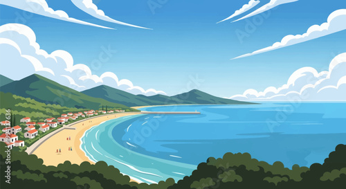 Vector illustration of a scenic coastal bay featuring a sandy beach, turquoise sea water, a small village with white houses and red roofs, and green mountains under a blue sky.