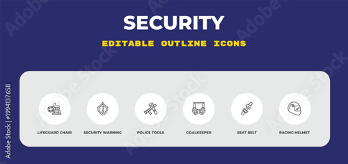 outline security icons set - lifeguard chair, security warning, police tools. editable vector for web and mobile ui