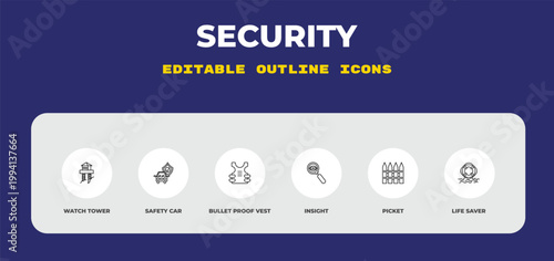 outline security icons set - watch tower, safety car, bullet proof vest. editable vector for web and mobile ui