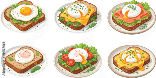 Breakfast Toast Sandwich Collection with Fried Eggs Cheese Tomato and Vegetable Toppings on Bread Slices Healthy Morning Meal Vector Illustration Set