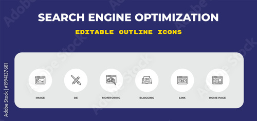 outline search engine optimization icons set - image, de, monitoring. editable vector for web and mobile ui
