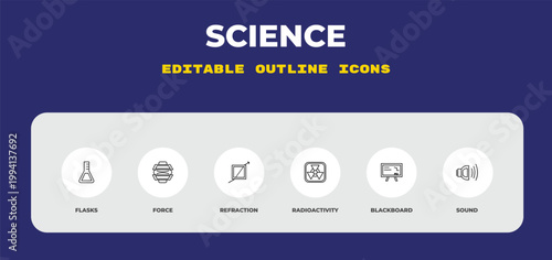 outline science icons set - flasks, force, refraction. editable vector for web and mobile ui