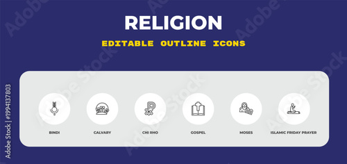 outline religion icons set - bindi, calvary, chi rho. editable vector for web and mobile ui