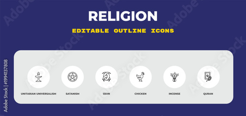 outline religion icons set - unitarian universalism, satanism, odin. editable vector for web and mobile ui