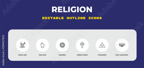 outline religion icons set - noah ark, one god, dharma. editable vector for web and mobile ui