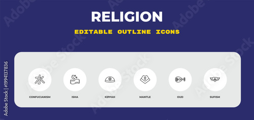outline religion icons set - confucianism, isha, kippah. editable vector for web and mobile ui