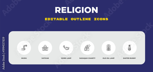 outline religion icons set - wudu, vatican, genie lamp. editable vector for web and mobile ui