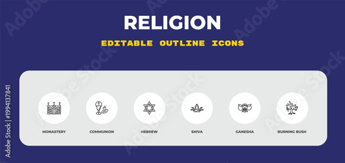 outline religion icons set - monastery, communion, hebrew. editable vector for web and mobile ui