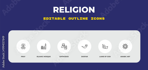 outline religion icons set - pray, islamic mosque, orthodox. editable vector for web and mobile ui