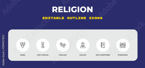 outline religion icons set - angel, holy chalice, challah. editable vector for web and mobile ui