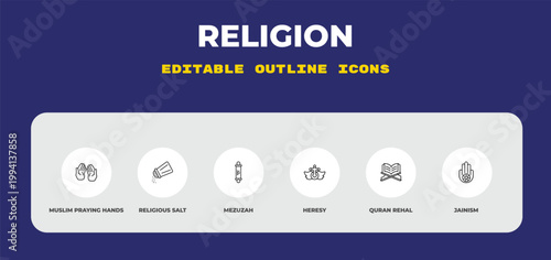outline religion icons set - muslim praying hands, religious salt, mezuzah. editable vector for web and mobile ui