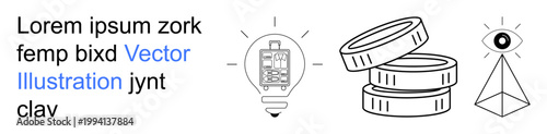 Fintech, creativity, innovation, economics, technology, and minimalism. a lightbulb with a mobile screen, stacked coins and a pyramid with an eye. Fintech and creativity