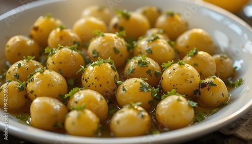 Freshly boiled baby potatoes tossed in a savory butter herb sauce served on a ceramic plate