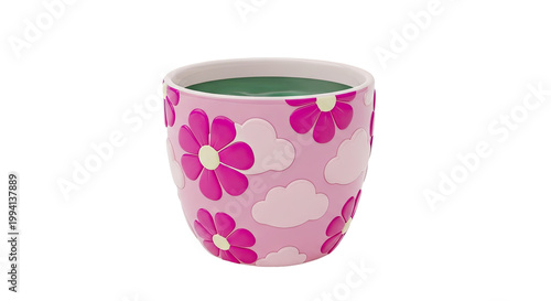 Pink floral and cloud patterned cup with green liquid