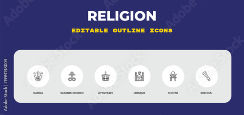 outline religion icons set - karma, satanic church, ayyavazhi. editable vector for web and mobile ui