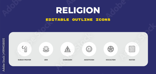 outline religion icons set - subah prayer, zen, caodaism. editable vector for web and mobile ui