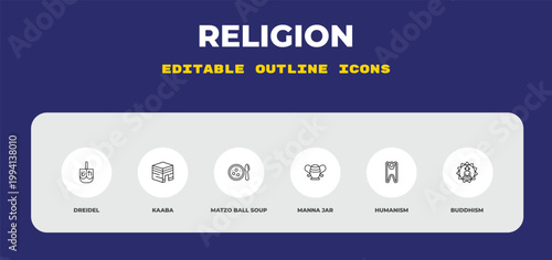 outline religion icons set - dreidel, kaaba, matzo ball soup. editable vector for web and mobile ui