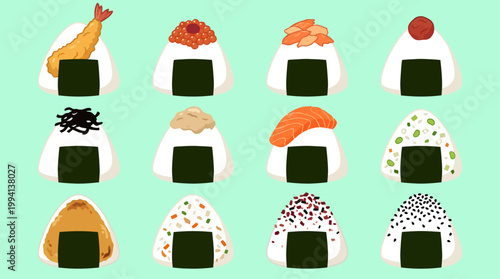 A vibrant and charming collection of twelve unique Japanese onigiri rice balls, featuring delicious traditional toppings like savory shrimp tempura, fresh raw salmon, bright orange roe and sweet plum