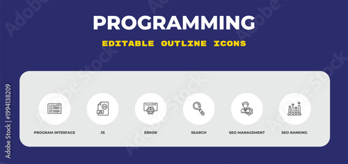 outline programming icons set - program interface, js, error. editable vector for web and mobile ui