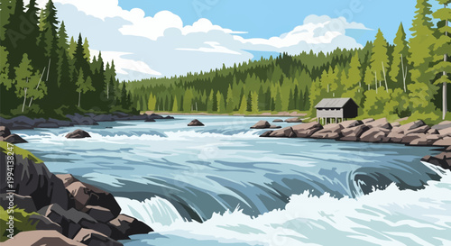 Vector illustration of white water rapids and river currents flowing through a dense pine forest with a wooden cabin on stilts on rocky banks under a blue sky with fluffy clouds.