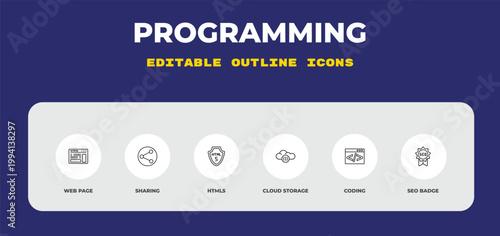 outline programming icons set - web page, sharing, html5. editable vector for web and mobile ui