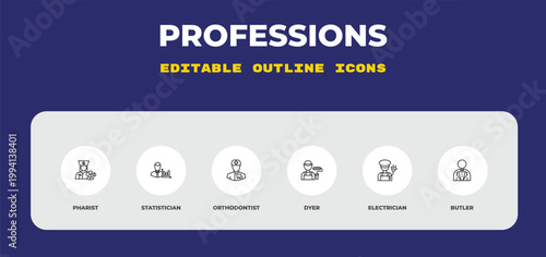 outline professions icons set - pharist, statistician, orthodontist. editable vector for web and mobile ui
