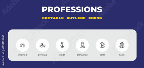 outline professions icons set - wrestling, showman, driver. editable vector for web and mobile ui