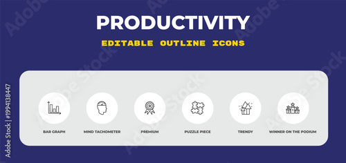 outline productivity icons set - bar graph, mind tachometer, premium. editable vector for web and mobile ui