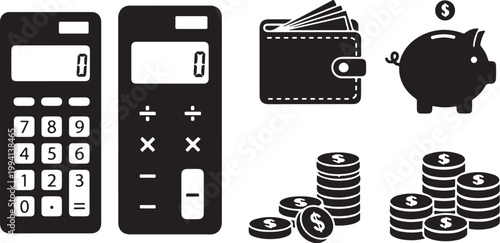 Financial icons, calculator, wallet, piggy bank, coins, money symbols, black and white vector graphics