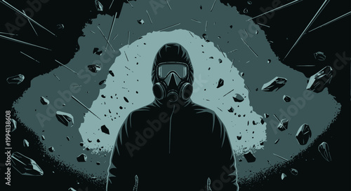figure in gas mask and hazmat suit amidst debris and disaster depicting a post apocalypse dangerous and toxic environment.