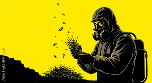 a worker in a gas mask and protective suit managing toxic plants illustrating environmental hazard and chemical control efforts