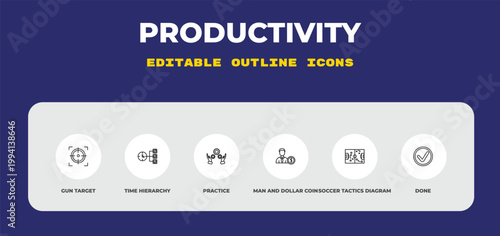 outline productivity icons set - gun target, time hierarchy, practice. editable vector for web and mobile ui